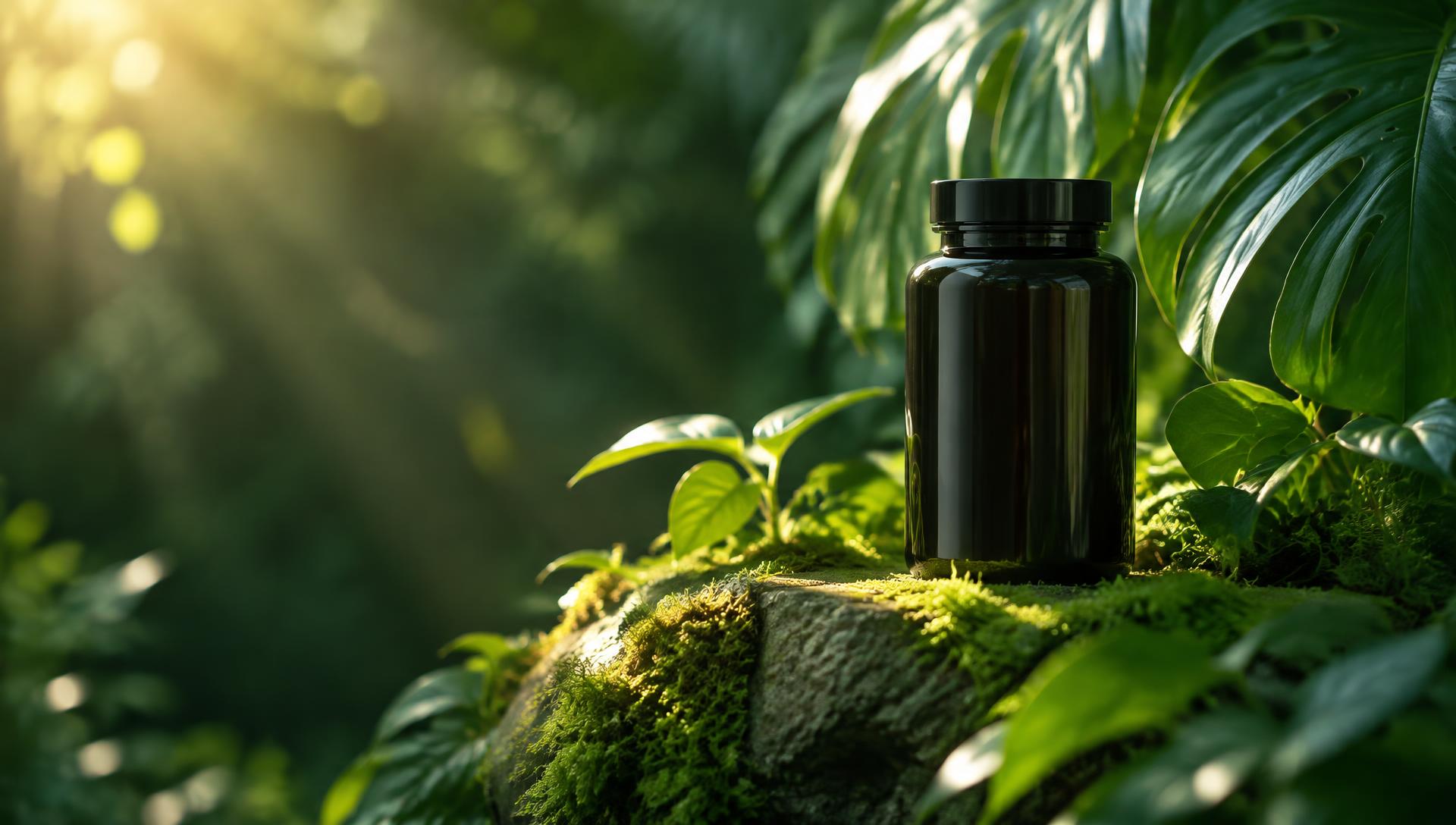 Wellness supplement bottle among green leaves
